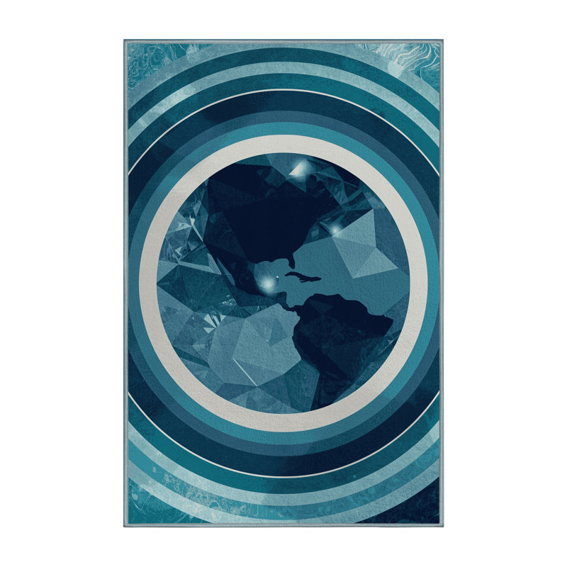 Machine Washable Pavlo Global Inspired Geometric Rug in Blue – SkyBlue Binding, 5 x 8