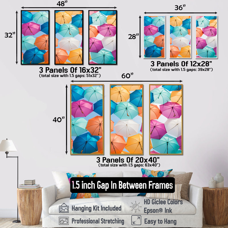 Multicolore parapluies photo moderne - ensemble d'art sur toile ciel, H 28 po x l 36 po x P 1 po, Cadre flottant noir