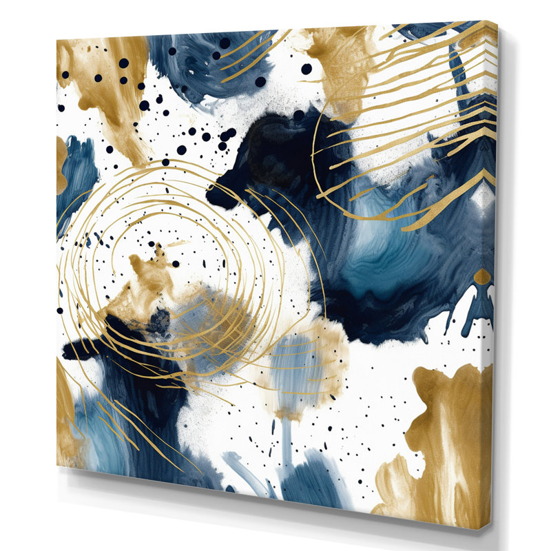 Motif abstrait avec textures bleues et dorées I, H 36 po x l 36 po x P 1,5 po, Toile tendue