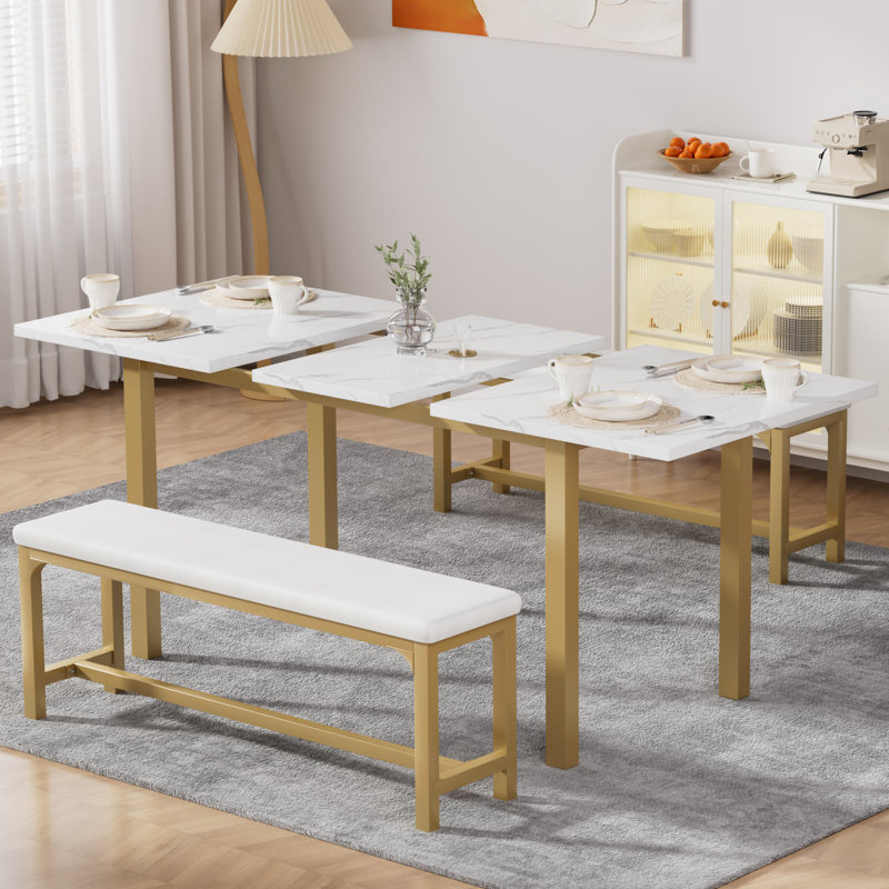 Vidala 63" Extendable Dining Table Set with Bench, Rectangular Wood Kitchen Table Set for 6-8 People, Space-Saving Expandable Dining Room Furniture, White