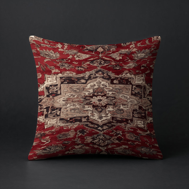 Coussin décoratif intérieur et extérieur Modern, Carré 16 po, Rouge / beige / damas noir