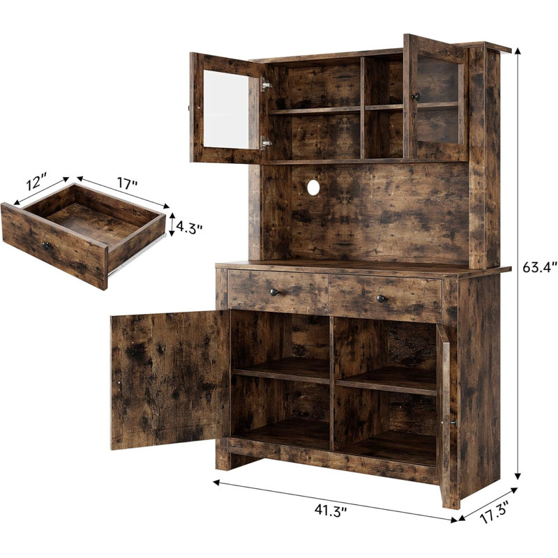 Grand garde-manger 4 portes avec support pour micro-ondes, tablettes réglables, huche de rangement autoportante pour la salle à manger, brun