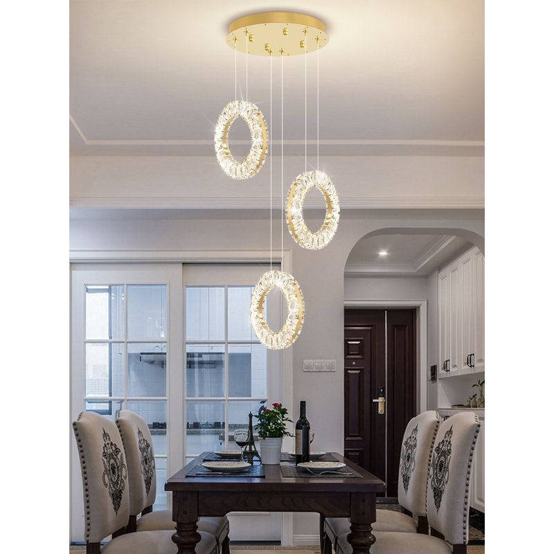 Luminaire suspendu moderne en cristal à 3 anneaux 2700K - 6000K à intensité variable, Doré