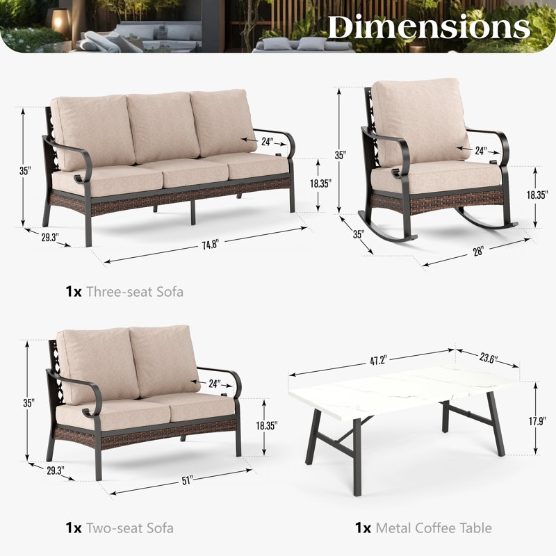7-Person Outdoor Conversation Set With Loveseat & Rocking Lounge Chairs, Beige