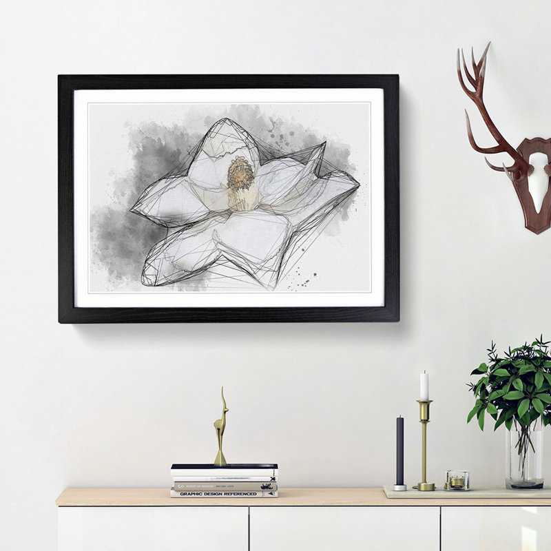 Blooming White Magnolia in Abstract - Picture Frame Drawing Print, 48cm H x 65cm W x 2cm D, Black Framed