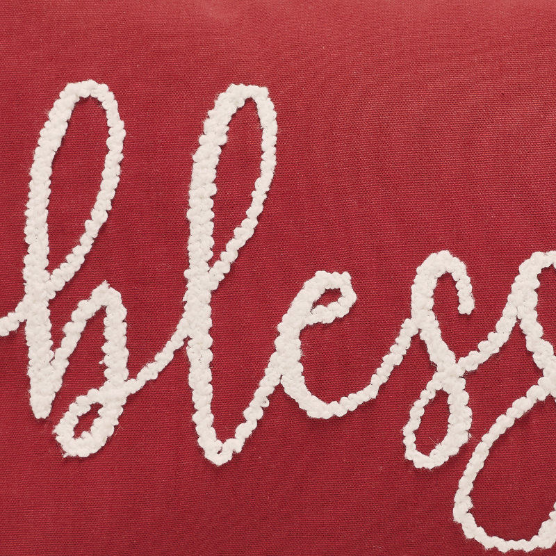 Blessed Red Embroidered Cotton Lumbar Pillow 14" x 20"