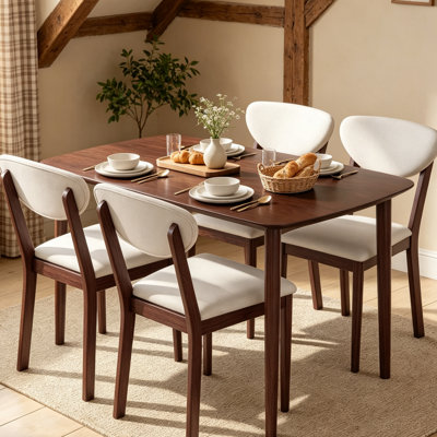 Ensemble de table de salle à manger 5 pièces de style Mid-Century moderne en bois au fini noyer avec 4 chaises rembourrées blanc crème, un coin-repas de cuisine peu encombrant pour appartement, petit espace et bureau
