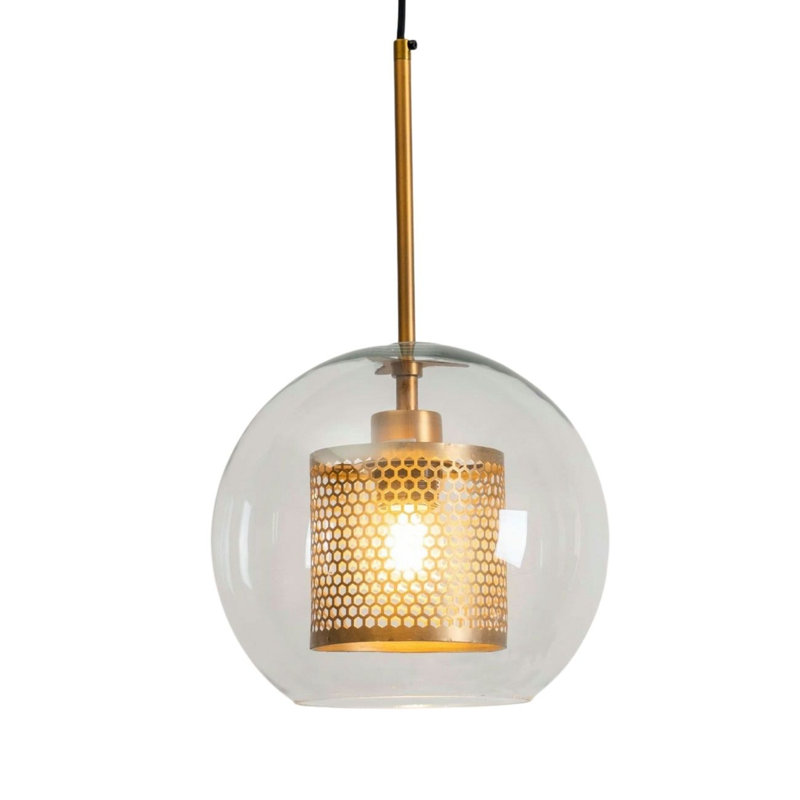 Modern Minimalist Ceiling Pendant Light – Mesh Metal Globe with Glass Lantern Shade, E27 Bulb