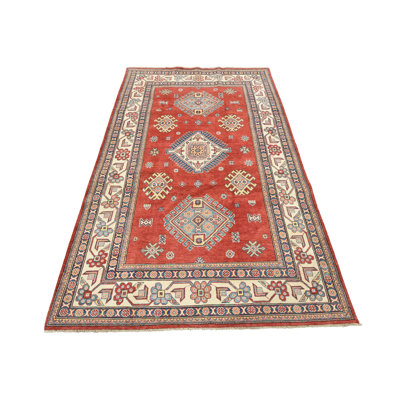 Tapis rouge / bleu en laine noué à la main de conception unique 5 pi 9 po x 8 pi 11 po
