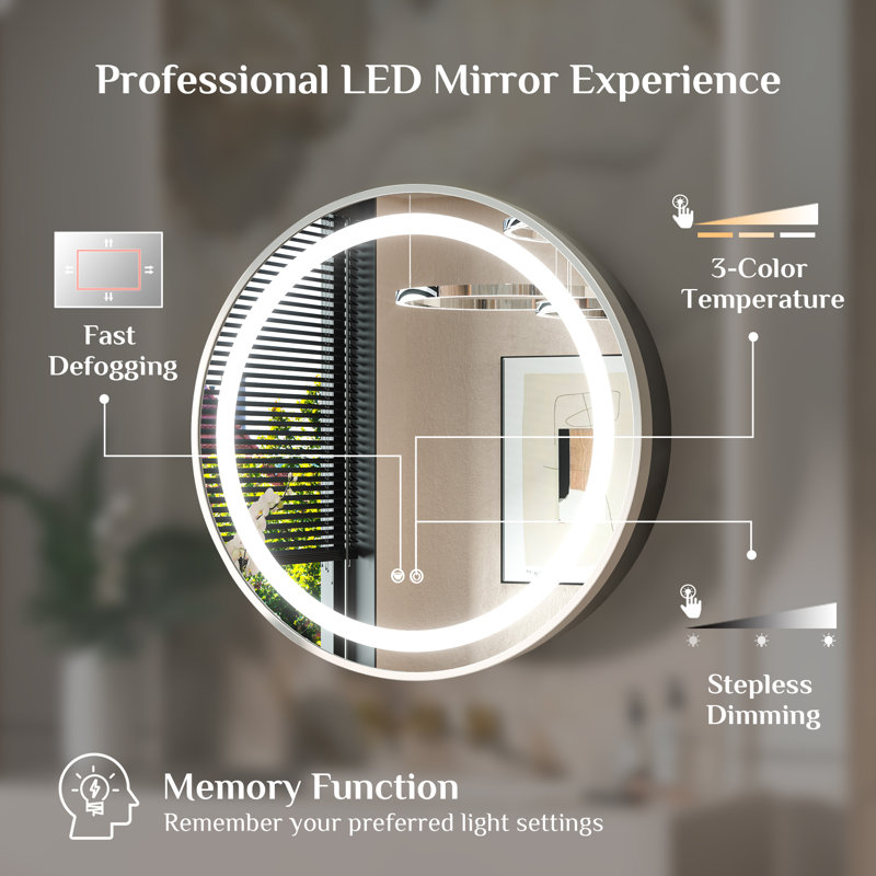 Gervon Lighted Surface Framed Round Medicine Cabinet Mirror Adjustable Shelf & AC Outlets, 28" H x 28" W x 4.7" D, Silver