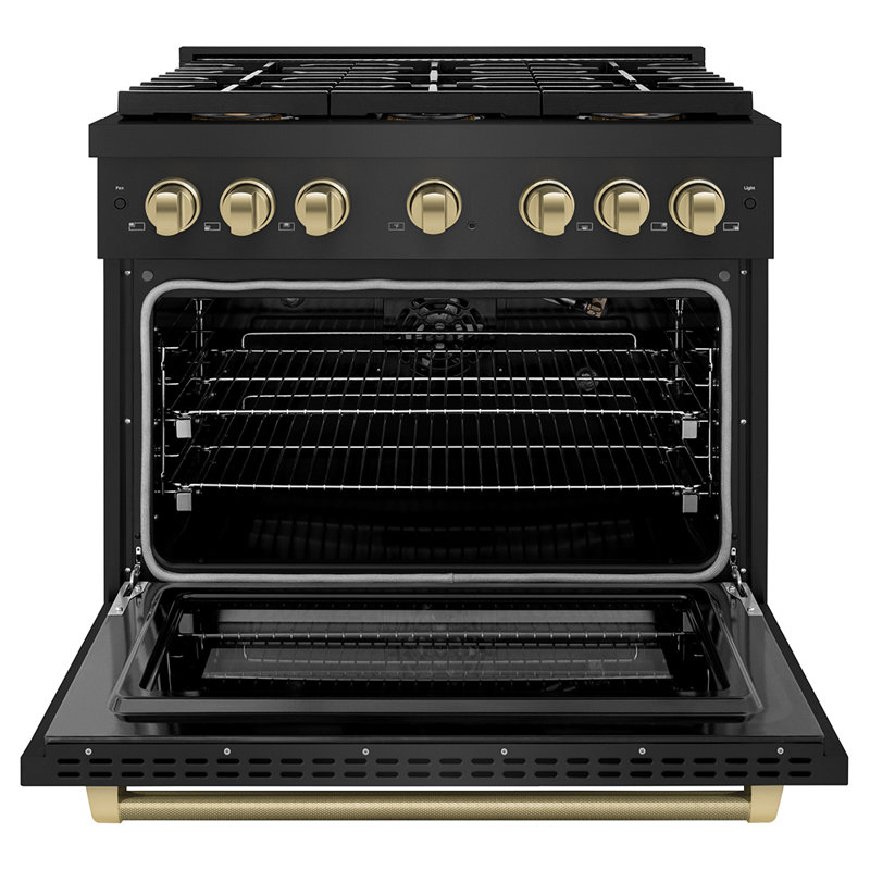 ZLINE Autograph 36 in. Paramount DuoPro Gas Range in Black Steel with Champagne Bronze Helix Handle, Champagne Bronze
