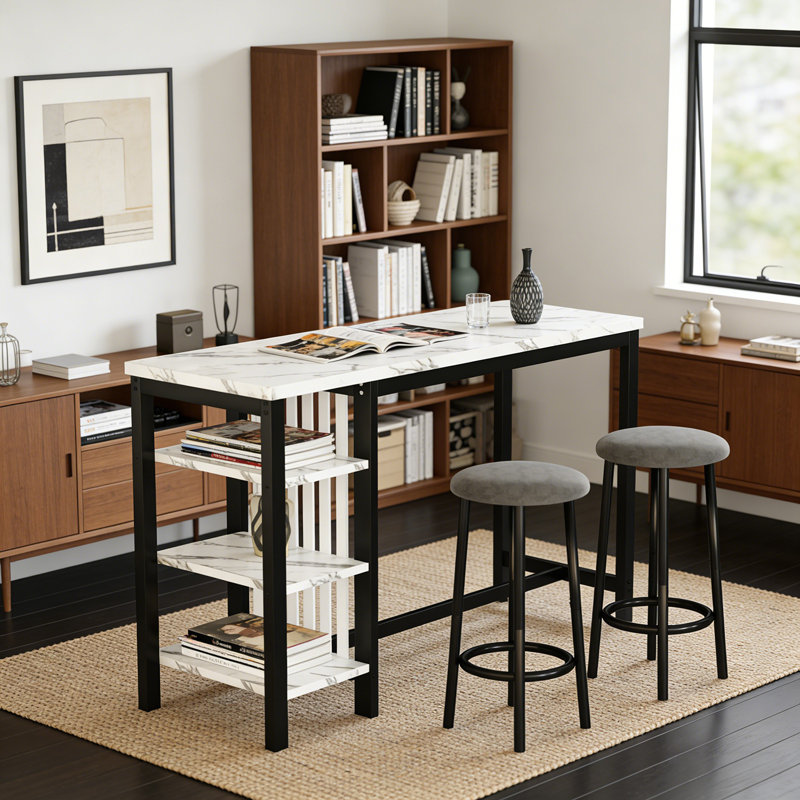3 - Piece Counter Height Bar Table Set With 2 Upholstered Stools, White Marble/Black, Gray/Black