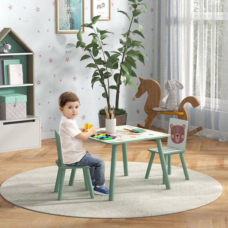 3 Piece Green Engineered Wood Kids Activity Table And Two Chairs Set Animal Print Children Play Furniture For Ages Three To Six Indoor Craft Study Station Easy Clean Surfaces