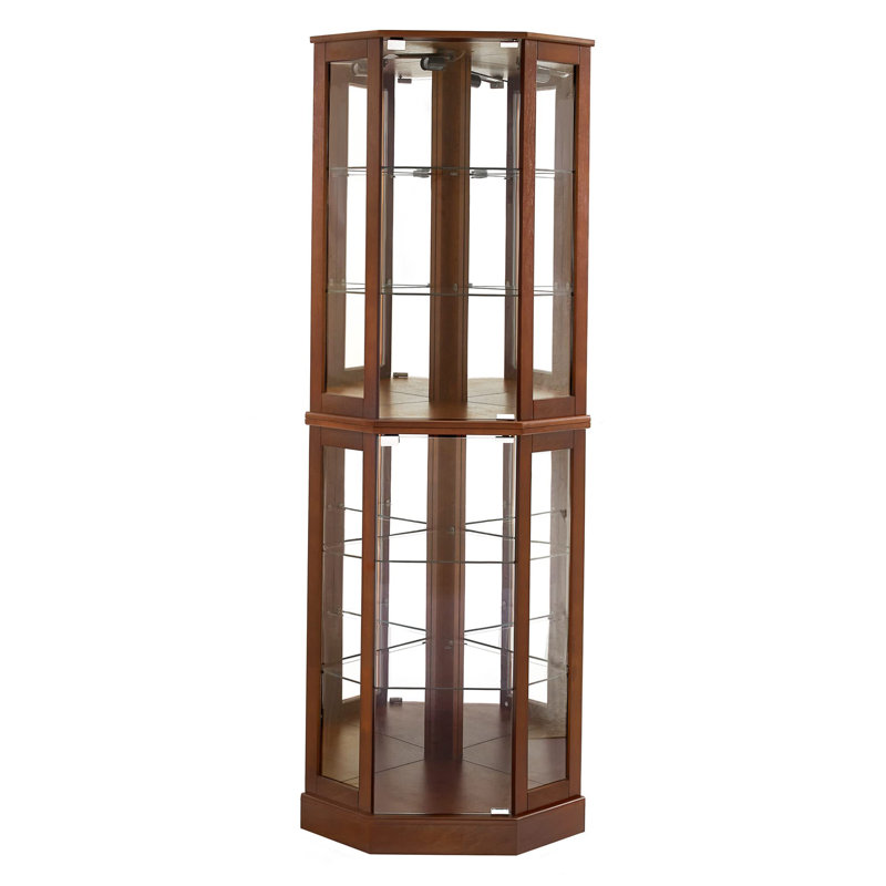 6 Shelf Corner Curio Display Cabinet with Lights, Mirrors And Adjustable Shelves, Walnut