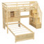 Lit mezzanine simple au-dessus de simple avec bureau intégré et escalier, avec compartiments de rangement et tablettes, naturel