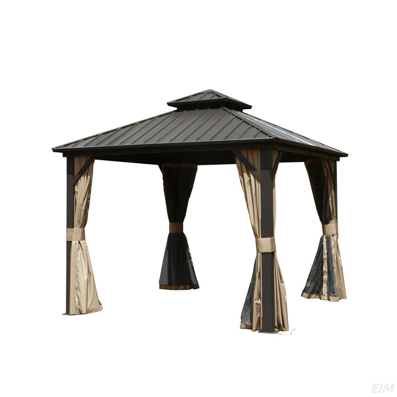 Hardtop Gazebo, Aluminum Metal Gazebo With Galvanized Steel Double Roof Canopy, Curtain And Netting, Permanent Gazebo Pavilion(Canopy)