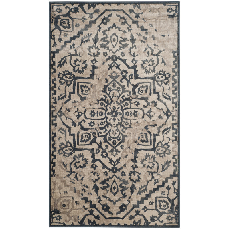 Tapis crème / bleu marine Evanoff, Rectangle 3 pi 3 po x 5 pi 7 po