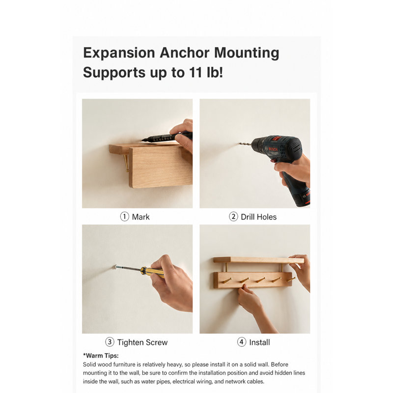 18.9"W 6-hook Slim Black Walnut Wall Hooks, 18.9, Walnut