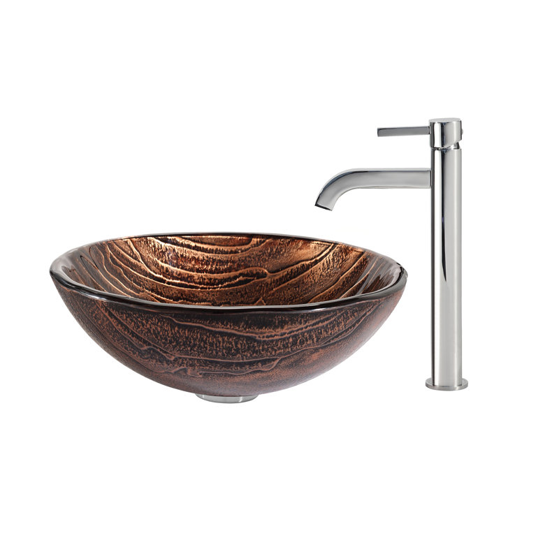 Gaia Glass Circular Vessel Bathroom Sink with Faucet, Chrome