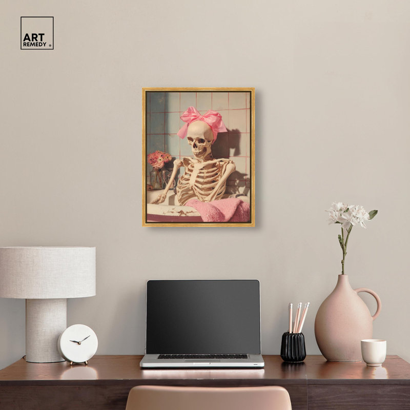 Impression sur toile Bathtime Skeleton par Art Remedy, cadre noir, 16 x 20, H 21 po x l 17 po, Encadrement doré