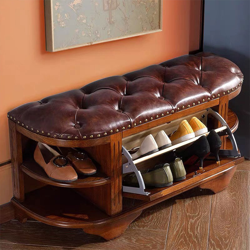 Banc rembourré en cuir véritable brun noisette