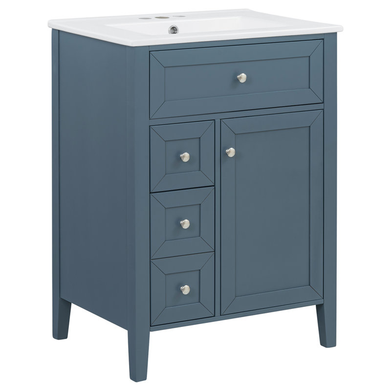 Meuble-lavabo de 24 po avec lavabo, lavabo en céramique, armoire de salle de bain avec 1 tiroir coulissant et 2 tiroirs de rangement coulissants, porte à fermeture en douceur avec support de rangement, pieds en bois massif, un paquet