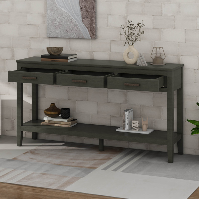 Table de ferme avec 3 tiroirs, console peinte avec tablette inférieure et poignées en fer, Gris