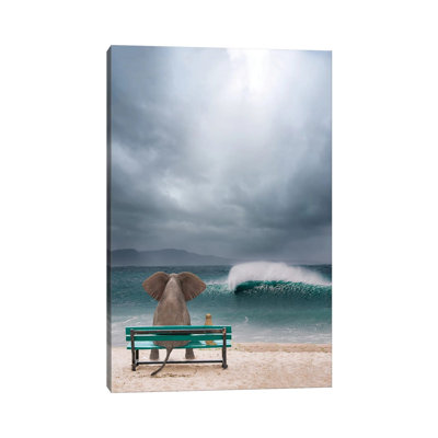 Elephant and Dog Sit by the Sea in a Storm 1 Piece Wrapped Canvas Wall Art