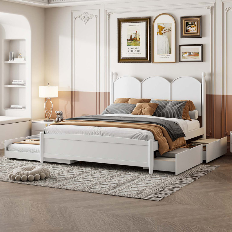 Grand lit plateforme avec 2 grands tiroirs, lit gigogne simple TG, Blanc