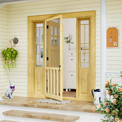 80" H Screen Door  Exterior Door Front Door Pine Wood Paintable Anti Insect Animal Kid Friendly Including Screen Door Handle 