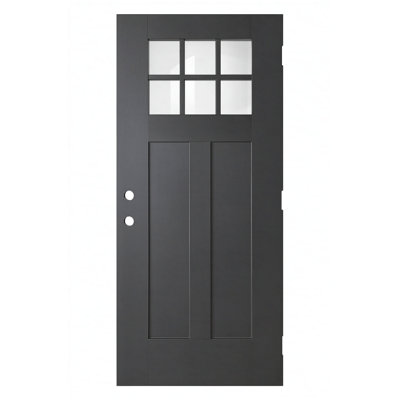 Panneau de porte en PRV noir 36 po x 80 po, ouverture à droite vers l'intérieur, porte d'entrée démontable en fibre de verre renforcée brossée, style artisanal à 2 panneaux, 6 carreaux à faible émissivité