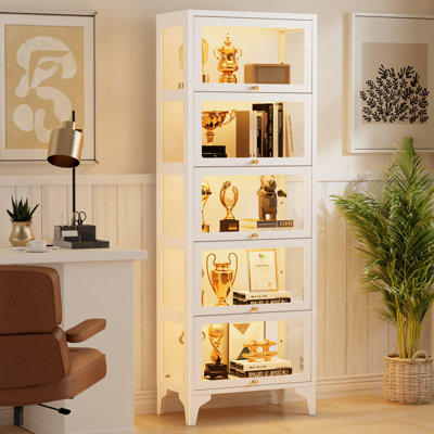 5-Tier Metal Display Cabinet with Lights Tempered Glass Curio Cabinet Showcase by Wrought Studio