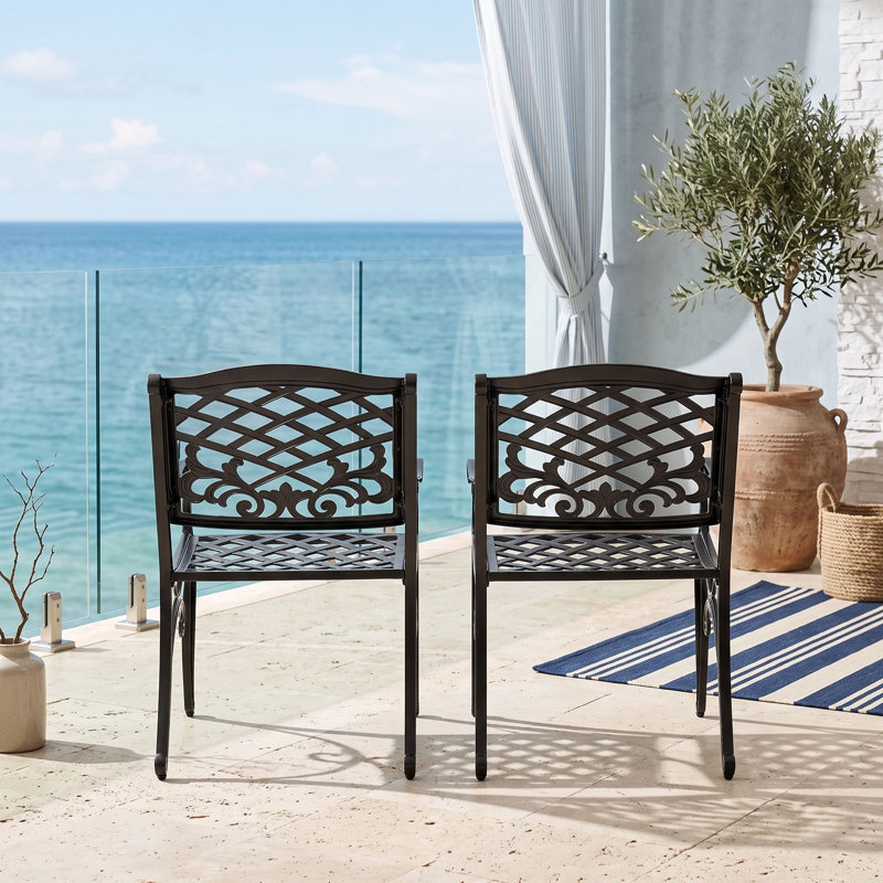 Ensemble de 2 chaises de salle à manger d'extérieur traditionnelles en fonte d'aluminium, chaises de patio en treillis à volutes avec détails floraux