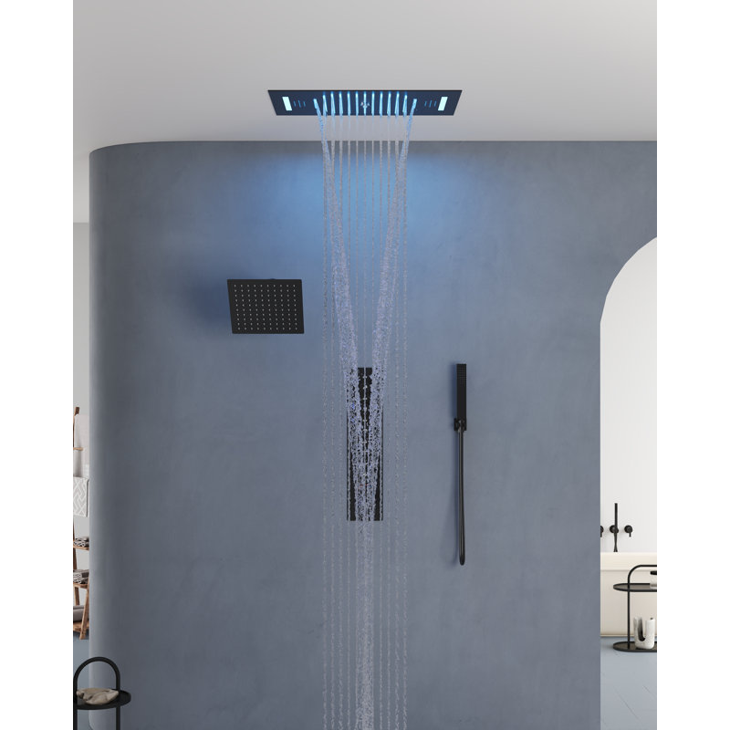 LED Bluetooth Music Thermostatic Rain Shower System with Dual Shower Heads and Handheld Sprayer, Matte Black