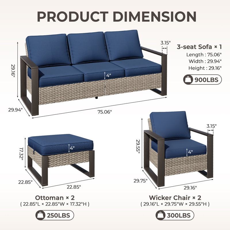 Brayson 5-Piece All-Weather Wicker Patio Furniture Set with Cushions - Outdoor Sofa Seating Group, Blue