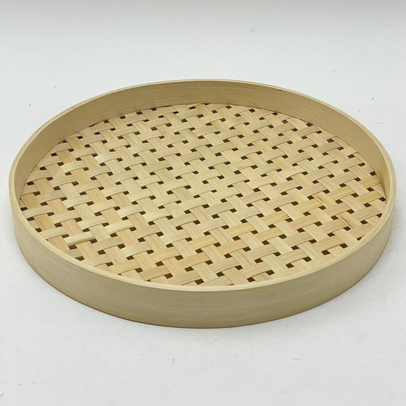 Plateau rond en bambou tissé