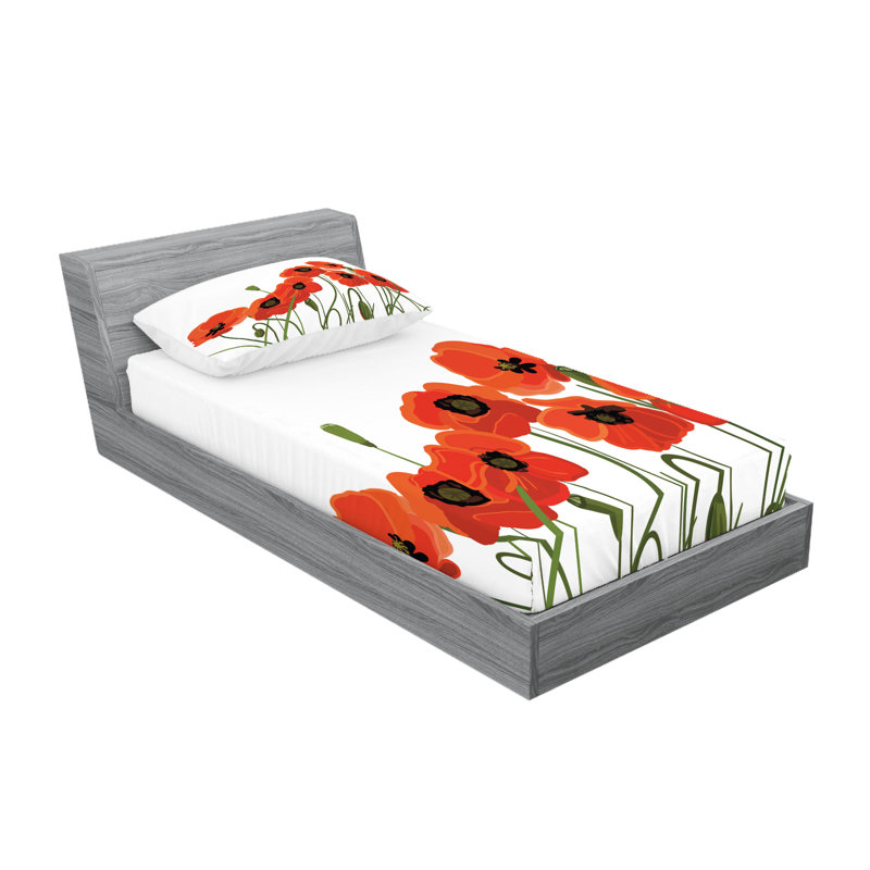Drap-housse et coussin décoratif Ambesonne Poppy Flower, vert olive vermillon