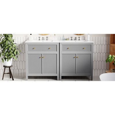 Meuble-lavabo gris 60 po avec lavabo en céramique, rangement dissimulé dans les tiroirs, mécanisme de fermeture en douceur avec mécanisme de fermeture de 60 po, installation simple