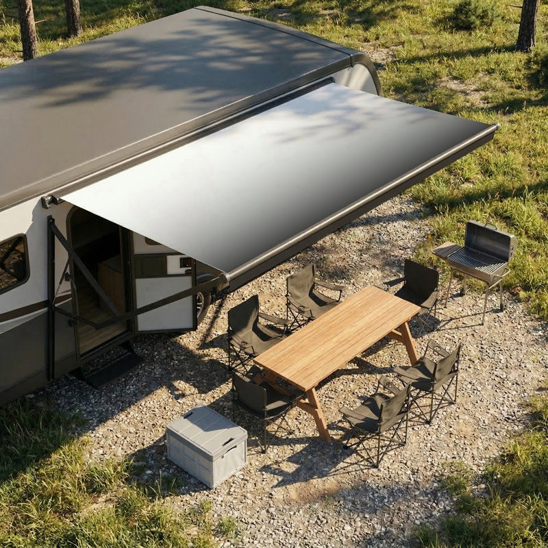 Retractable Rv/Patio Awning, Heavy Duty Weatherproof Canopy With Lights, One-Touch Swich, Black, 69.24" H x 240" W x 96" D