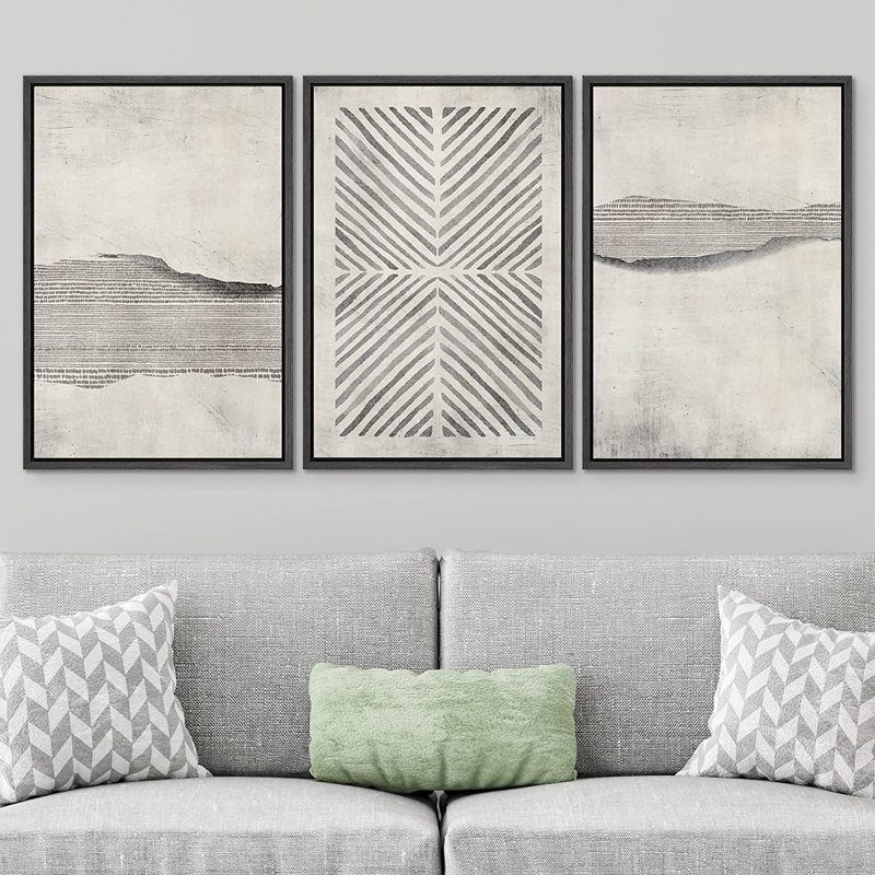 Grunge Geometric Line Framed On Canvas 3 Pieces Graphic Art