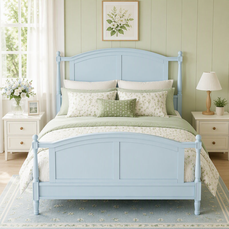 Base de lit plateforme Traditional, Grand lit, Bleu clair