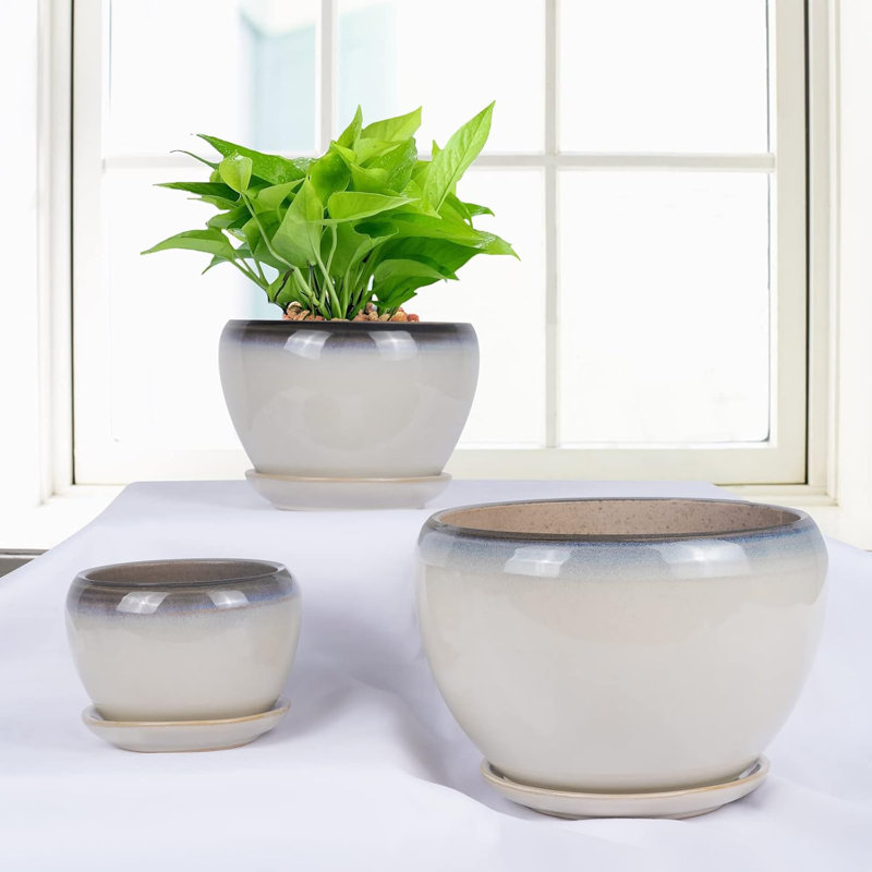Ensemble de 3 pots en céramique avec drain et soucoupes