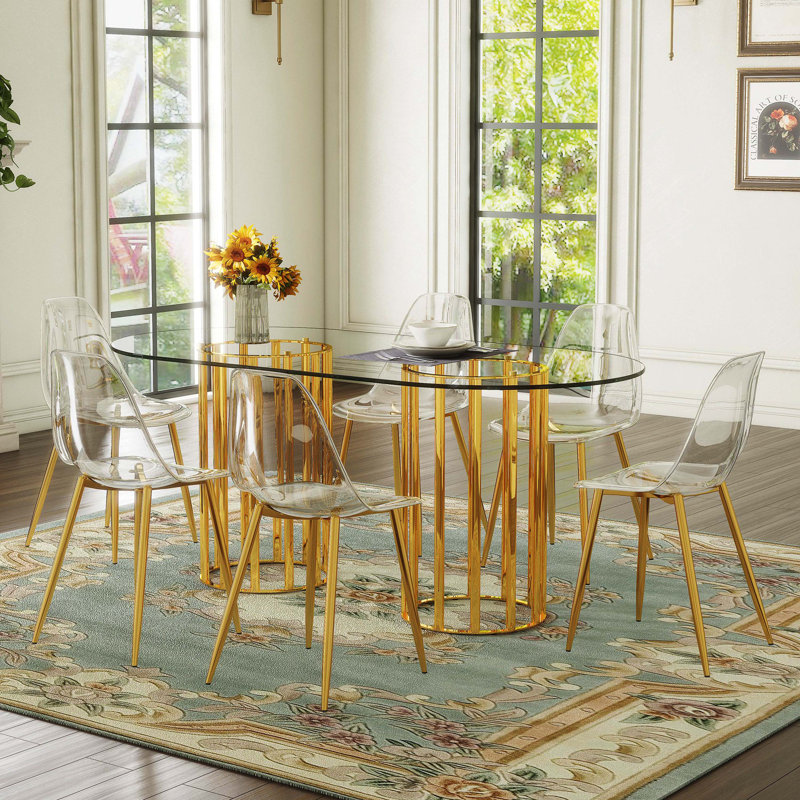71" Oval Tempered Glass Dining Set, Gold Double Column Luxury Design With 6 Transparent Plastic Gold Leg Chairs