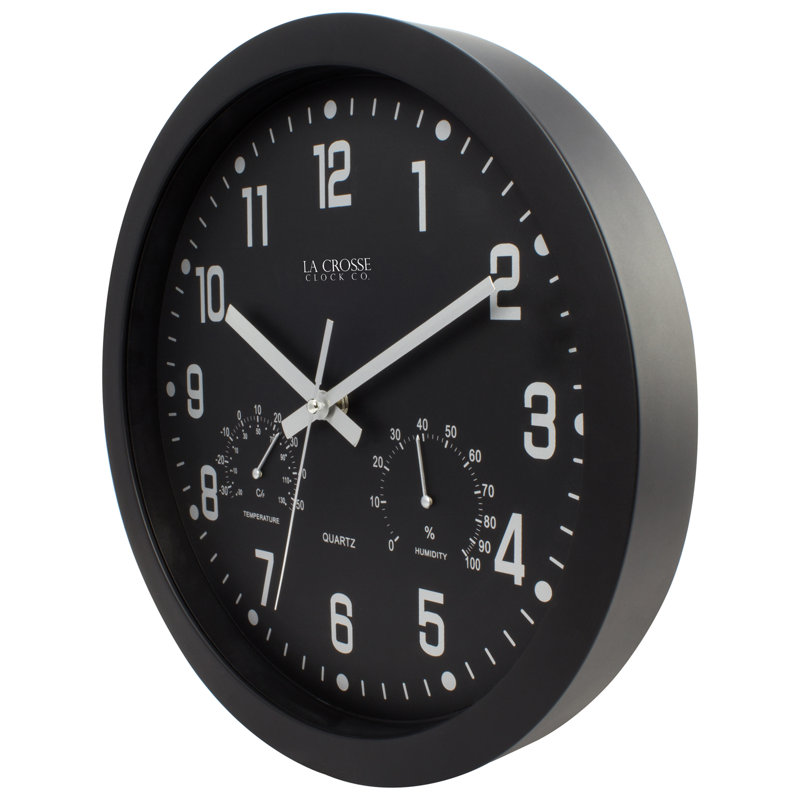 La Crosse 12'' Black Analog Wall Clock with Temperature and Humidity