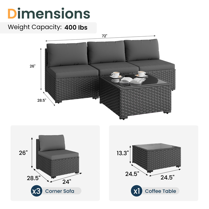 Ensemble de canapé d'extérieur en osier pour 3 personnes avec coussin Gio, Gris, Noir