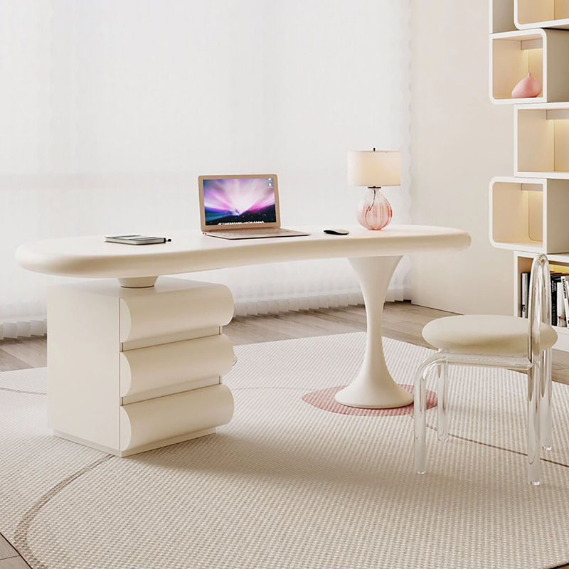 French Cream-Style Round Edge Wooden Desk, 29.5" H x 55.1" W x 23.6" D