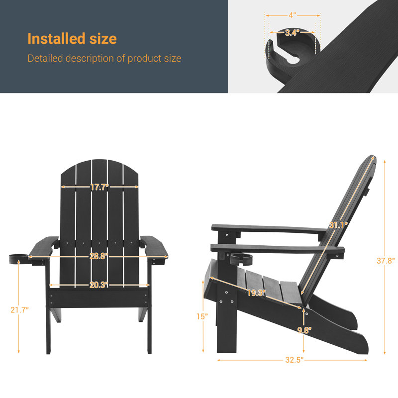Sareen Adirondack Chair Plastic Weather Resistant Fire Pit Chair, Black
