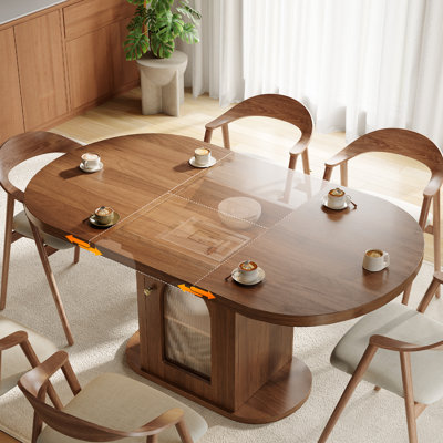Extendable Round Dining Table for 4–8 with Dust-Proof 2-Tier Storage Shelf Space Saving Expandable Wood Oval Circle Dinner Furniture with Pedestal Base