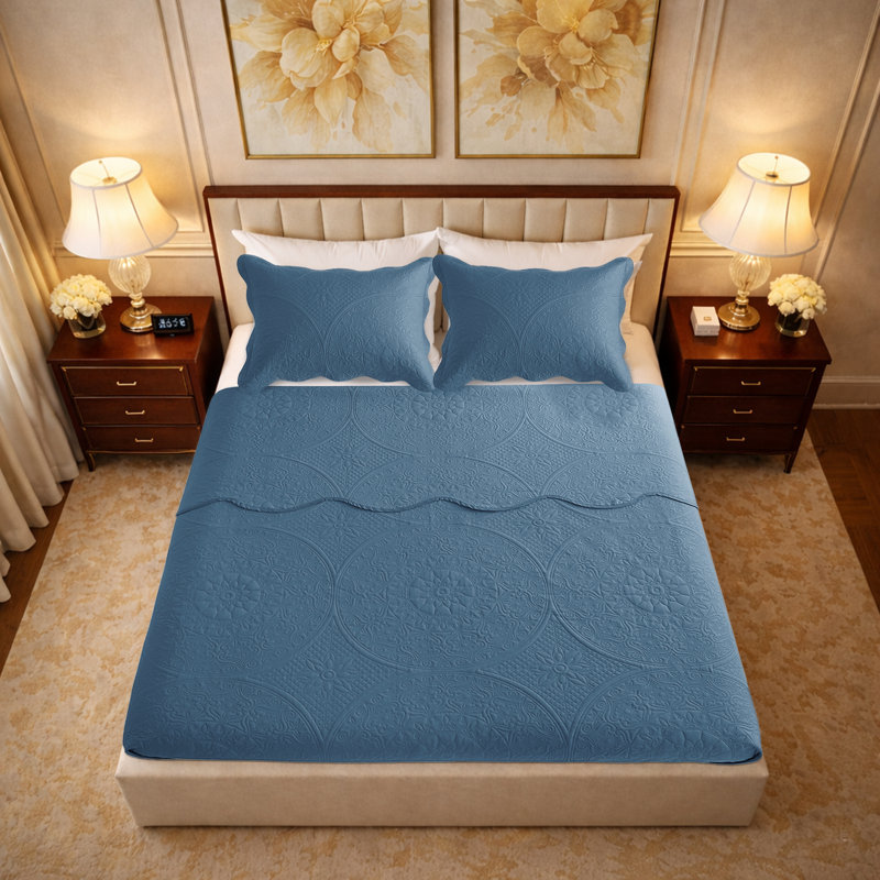 Floral Embossed Microfiber Quilt Set Pre-Washed  Soft Bedspread, Washed Blue, Queen Bedspread + 2 Standard Pillowcases
