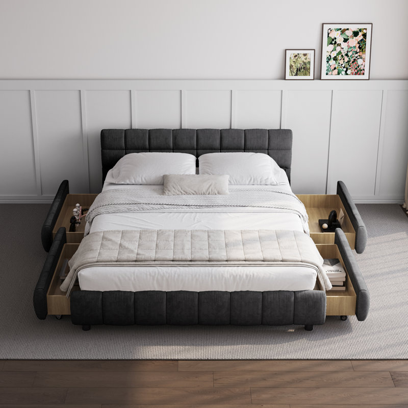 Latitude Run Chenille Upholstered Bed Frame with Drawer